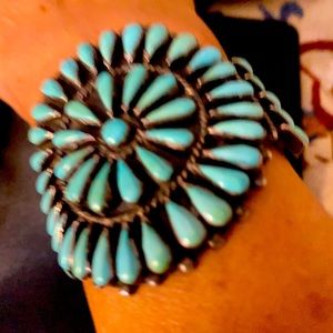 Vtg pawn  turquoise cluster bracelet sterling silver signed 6.5” 1.5 opening